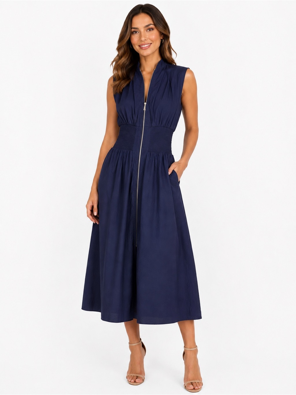 NWOT Sleeveless Navy Zip-Front Midi Dress